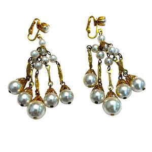 Clip on earrings chandeliers vintage Japan faux pearls gold tone filigree style